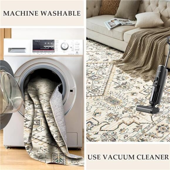 Machine Washable Rug 5'x7' Vintage Design Washable Area Rugs with Non Slip Rugs - Picture 5 of 7